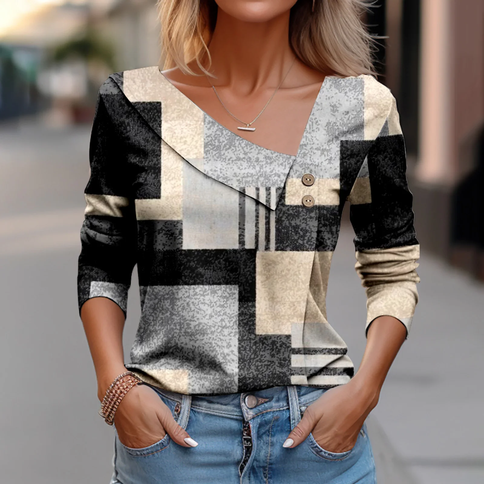 Fashion Geometry Print T-shirt Woman\'s Autumn Casual Long Sleeves Asymmetrical Neckline With Buttons Tshirt Tops For Woman 2024