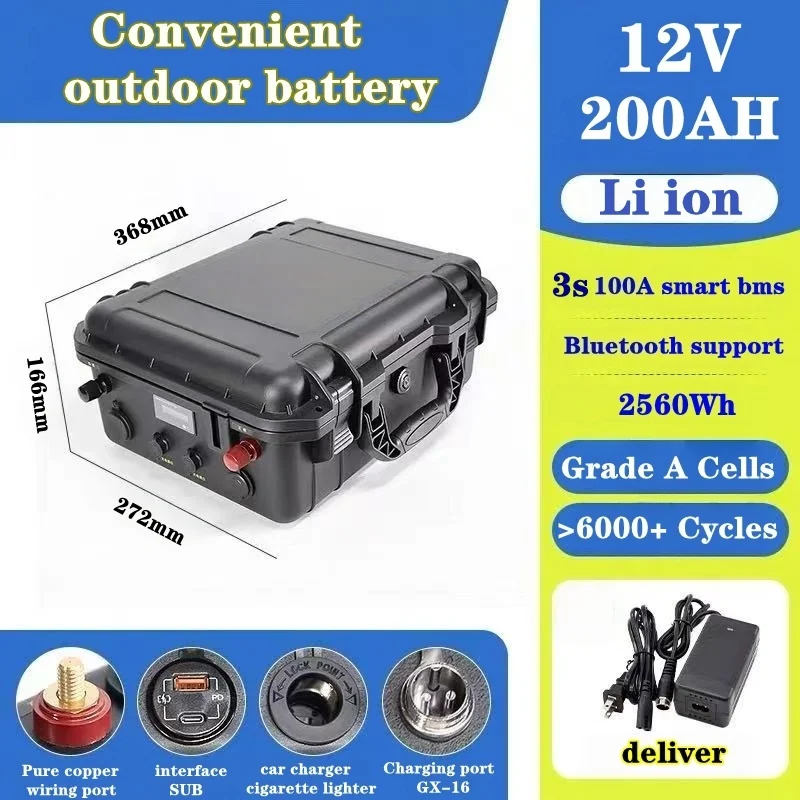 Batterie Lithium-ion  étanche 12v 200ah 100A BMS Bluetooth Golf Cart RV Marine UPS trolling machine