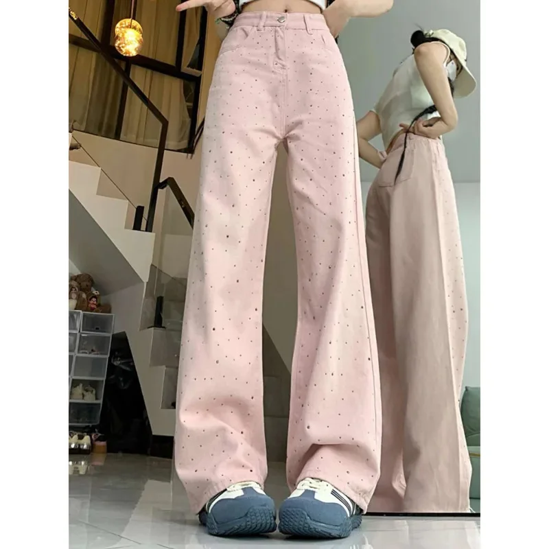 Casual Fashion Hot Drilling Wide Leg Pants American Street Y2K Pink Jeans Hip Hop Vintage Straight High Waist Floor Mop Trousers