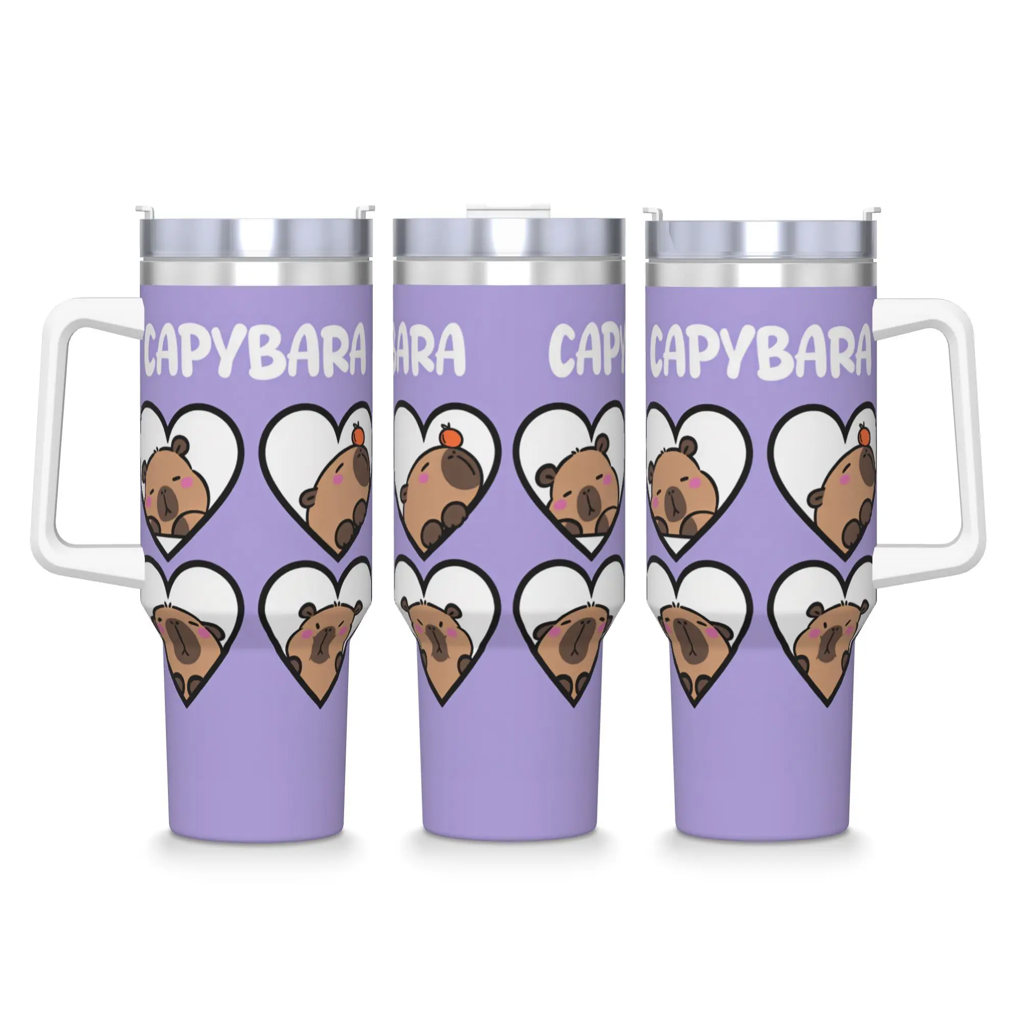Four Heart Frame Capybara Face Purple Background Capybara Text Cartoon Tumbler  Cold Drink Water Bottle Insulated Stainless Cups