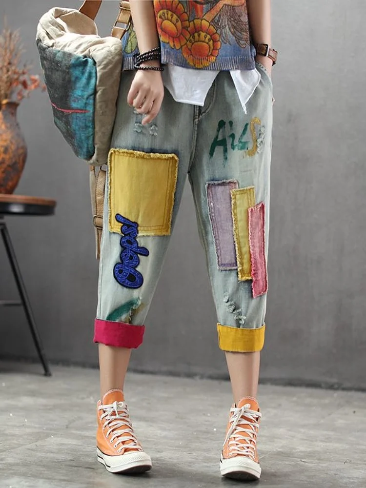 

Летние тонкие ретро лоскутные вышивки с эластичной резинкой на талии, цветные блузки, свободные джинсы больших размеров, женские утягивающие брюки из девяти предметов