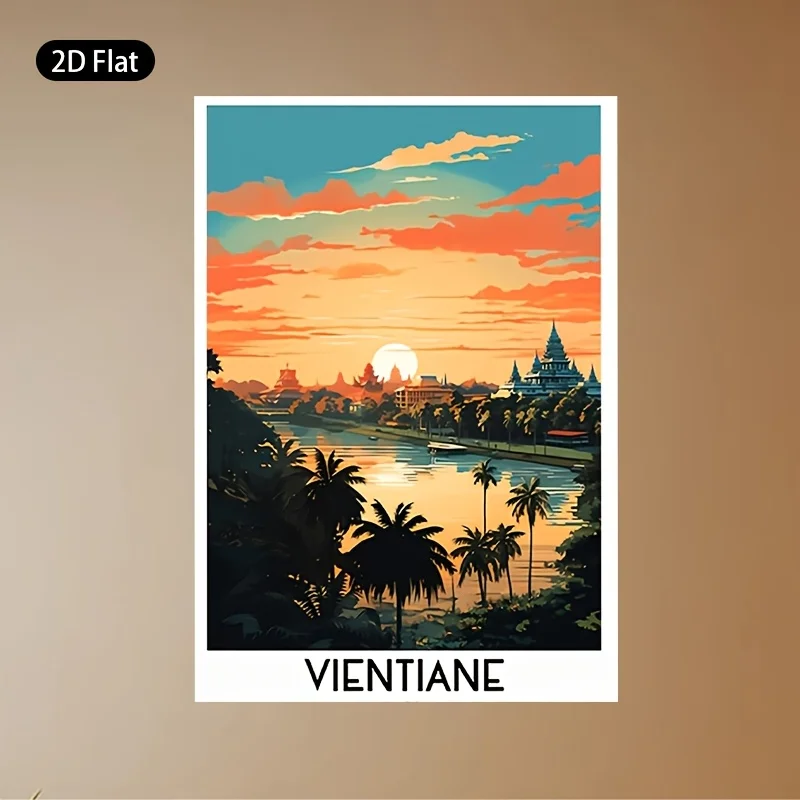 2D Flat, 1pc Modern Vertical Frameless Canvas Painting - Vientiane Laos Temple & River Wall, Vertical Suitable for Narrow Spa