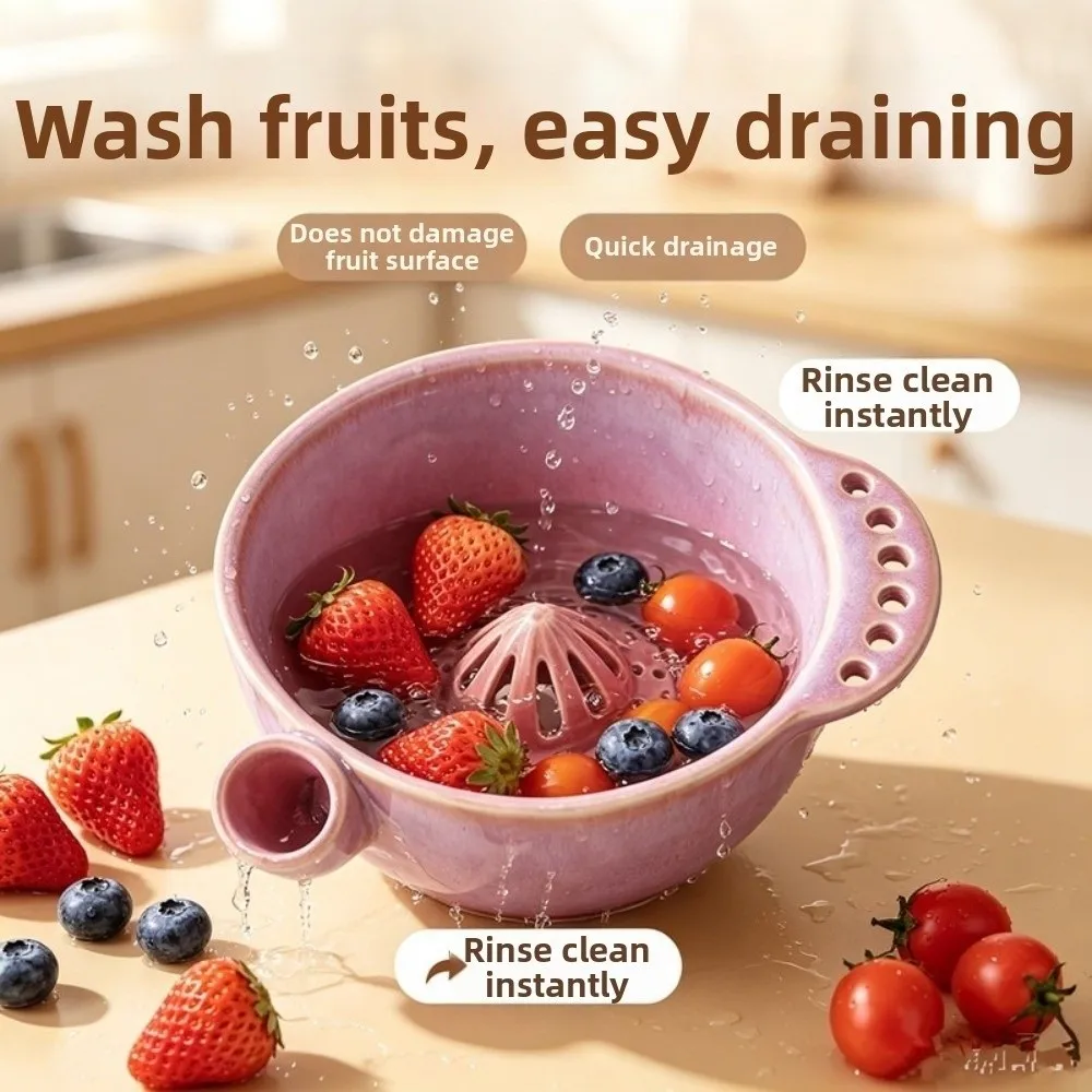 Automatic Vortex Fruit Washing Bowl Large Capacity Integrated Drainage Hole Ceramic Berry Washer Central Flow Guide