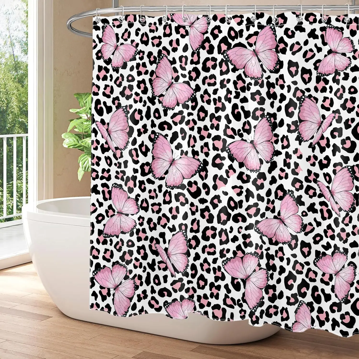 

Pink Butterfly Leopard Print Shower Curtain for Bathroom, Cute Fashion Girls Bathroom Decor Black and White Leopard Bathroom
