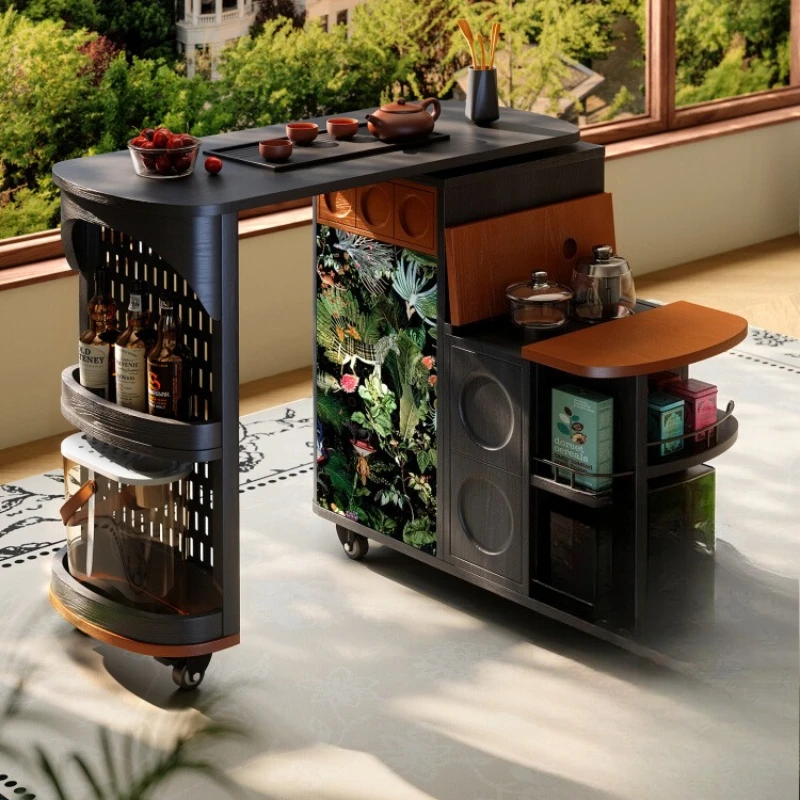 

Tea table kettle integrated French medieval balcony household tea cart movable rotating solid wood tea table
