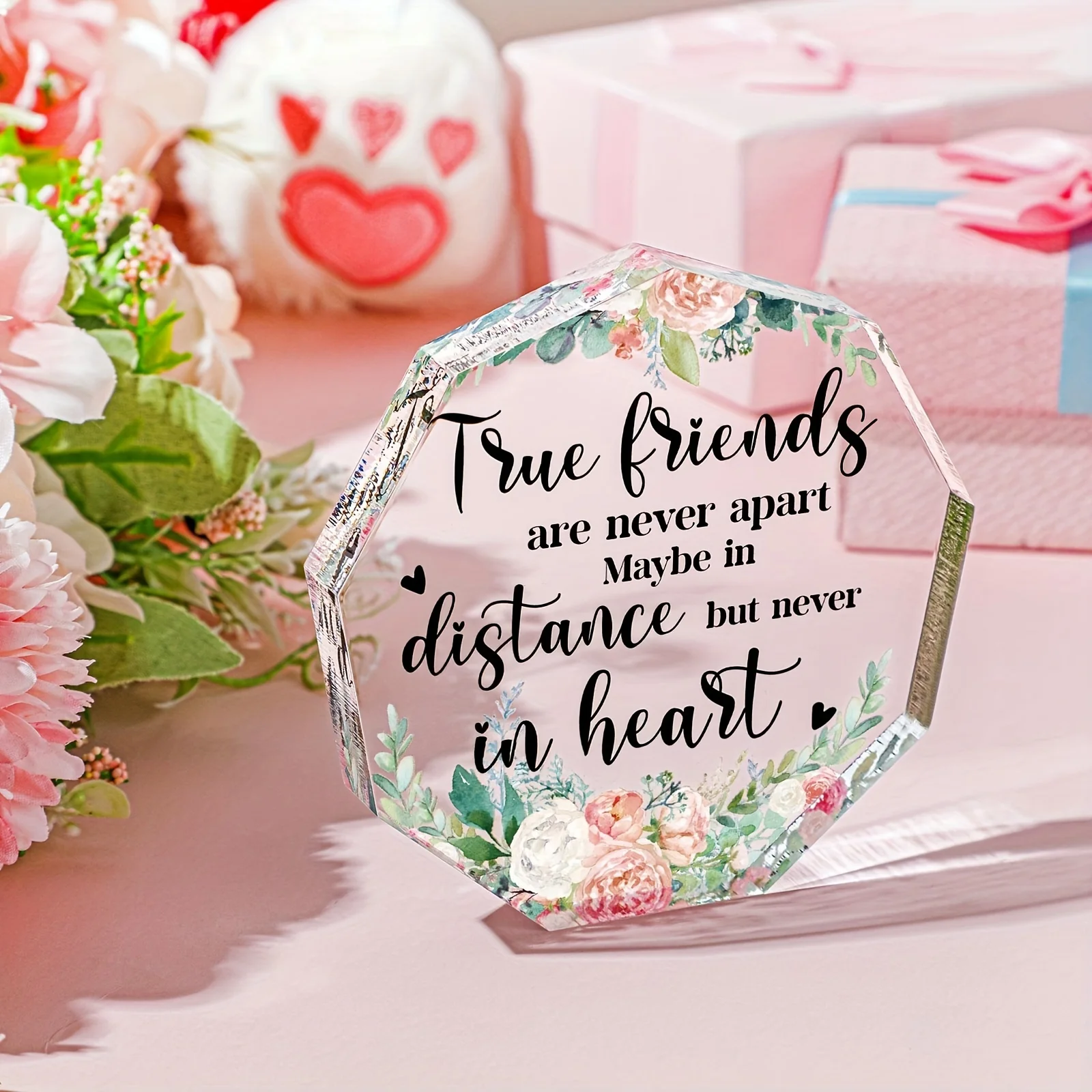 2D， Acrylic Friendship Desktop Decoration - Flower Design, Inspirational Quotes, Suitable for Home, Bedroom, Living Room, Gift