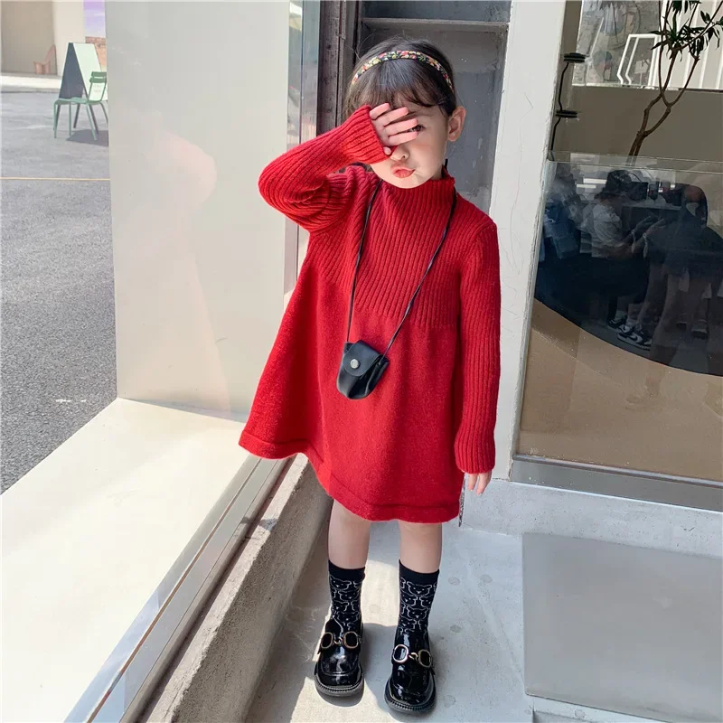 Dress Full Sleeve Knee Length Pullover A-line Solid Regular Cotton New Fashion Simple Sweet Winter Autumn Children Girls