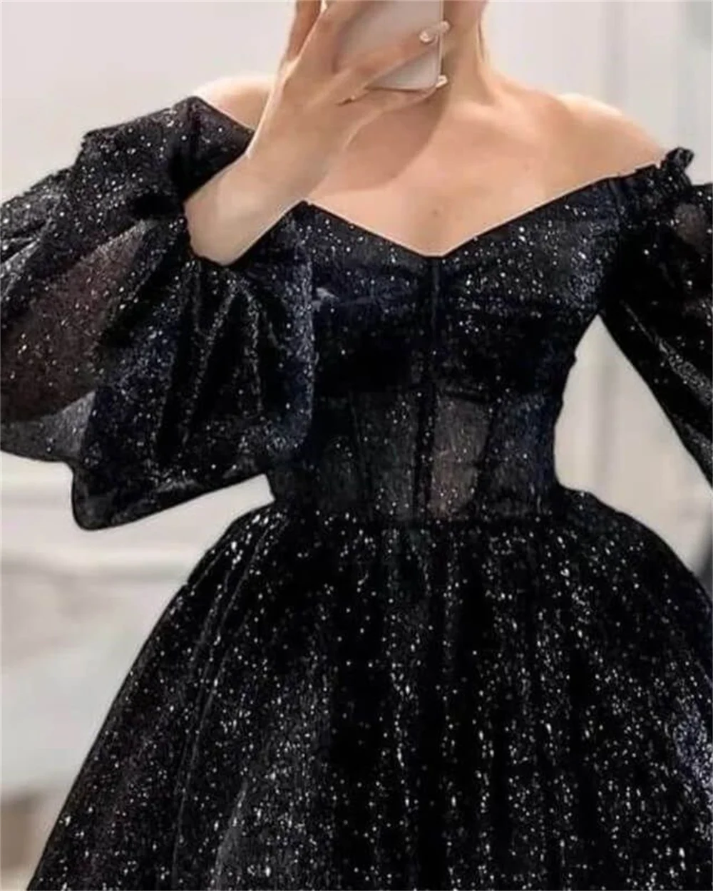 Amanda Black Mini Vestidos De Noche Gliiter Short فساتين مناسبة رسمية Cute Puffy Sleeve Ball Gown Prom Dress 2023