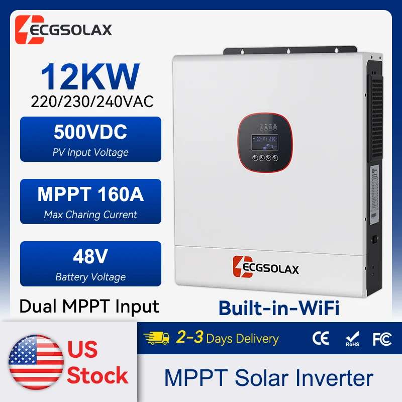 ECGSOLAX 12KW 48V Hybrid Solar Invert V 240V Dual MPPT with WiFi 160A MPPT Solar Controller Maximum PV Input 500VDC