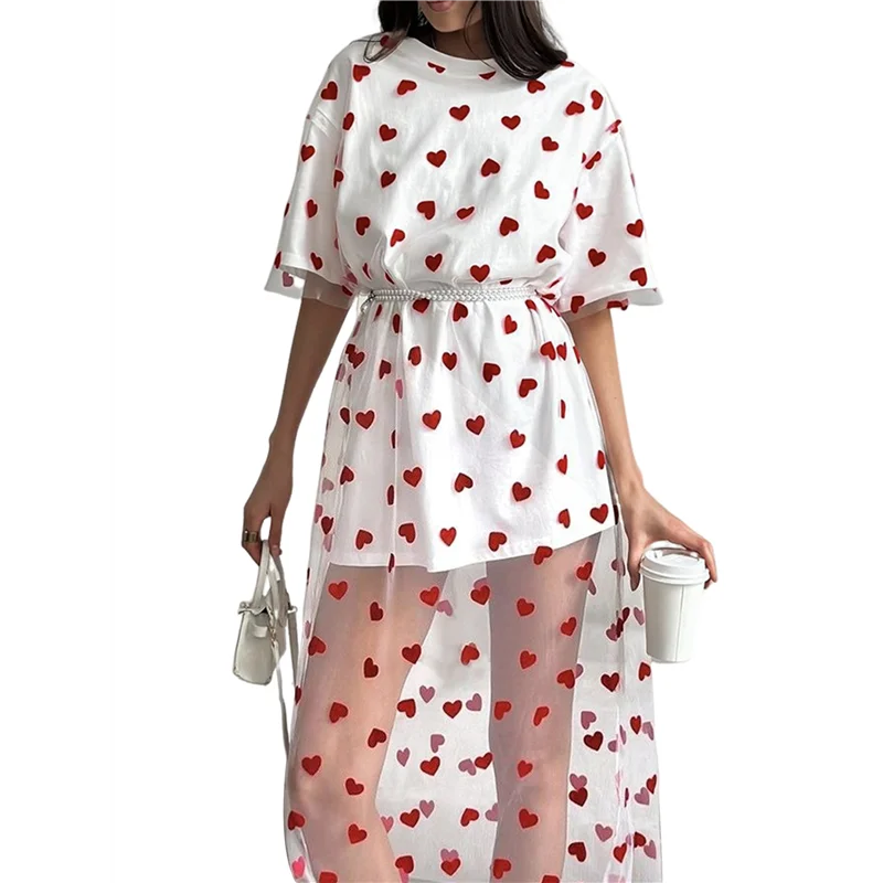 【D75C】Dames casual los T-shirt met ronde hals, gesplitst mesh, liefdesprint, lange maxi-vakantiejurk