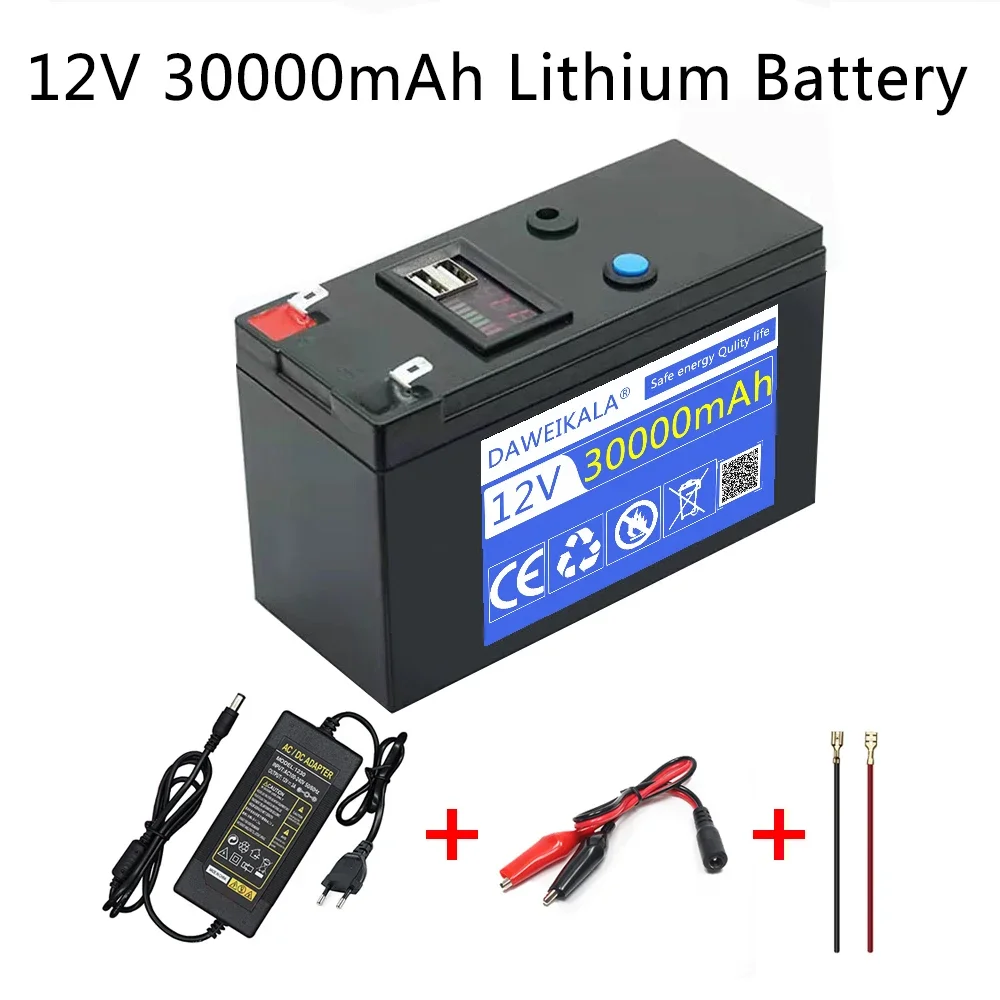 Batteria al litio 12V 30Ah 18650 batteria ricaricabile per veicolo elettrico a energia solare luci a LED batteria 12.6v 3A caricabatterie