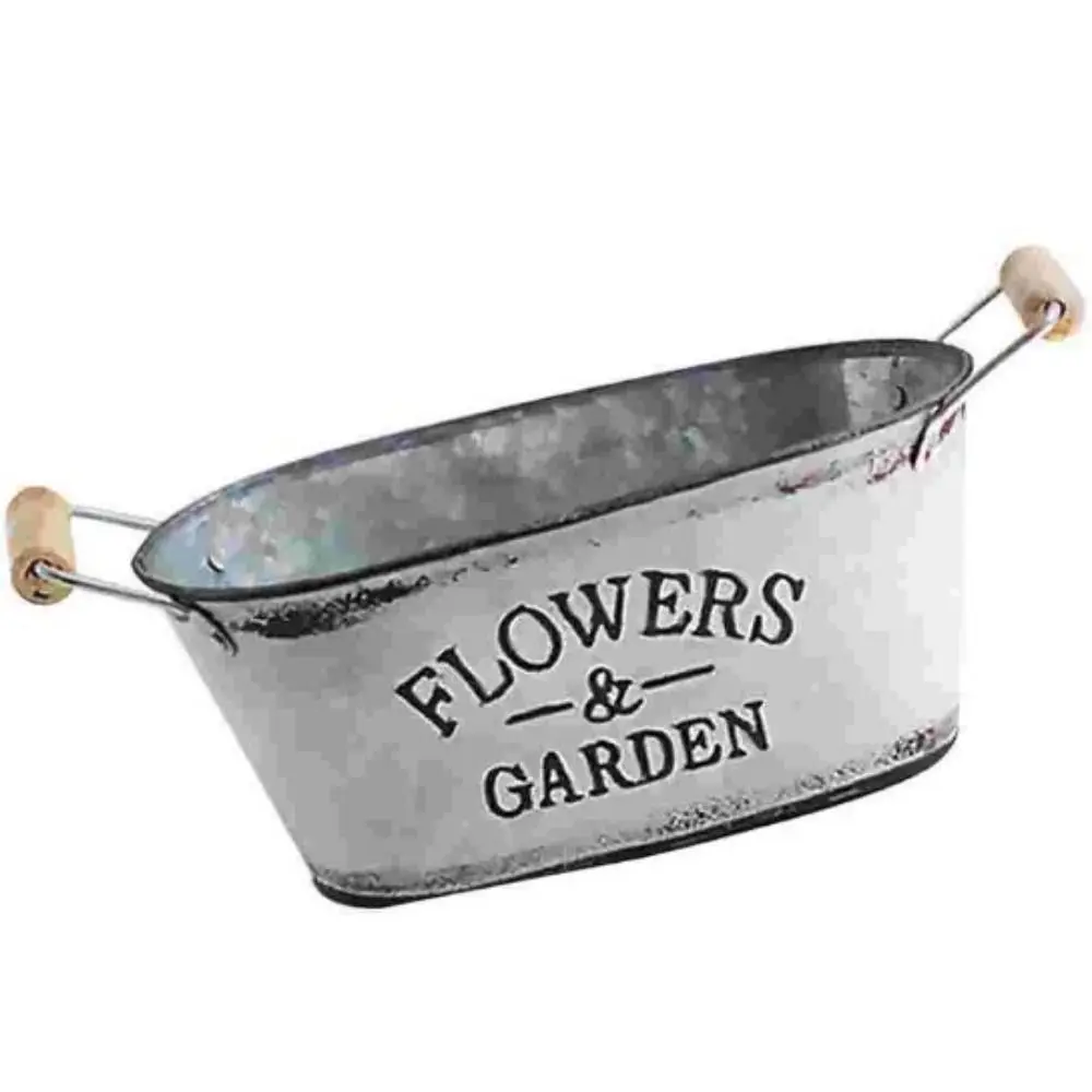 Multipurpose Rustic Iron Oval Flowerpot European Style Pastoral Retro Flower Vase Wooden Handle Wooden Flower Bucket Balcony