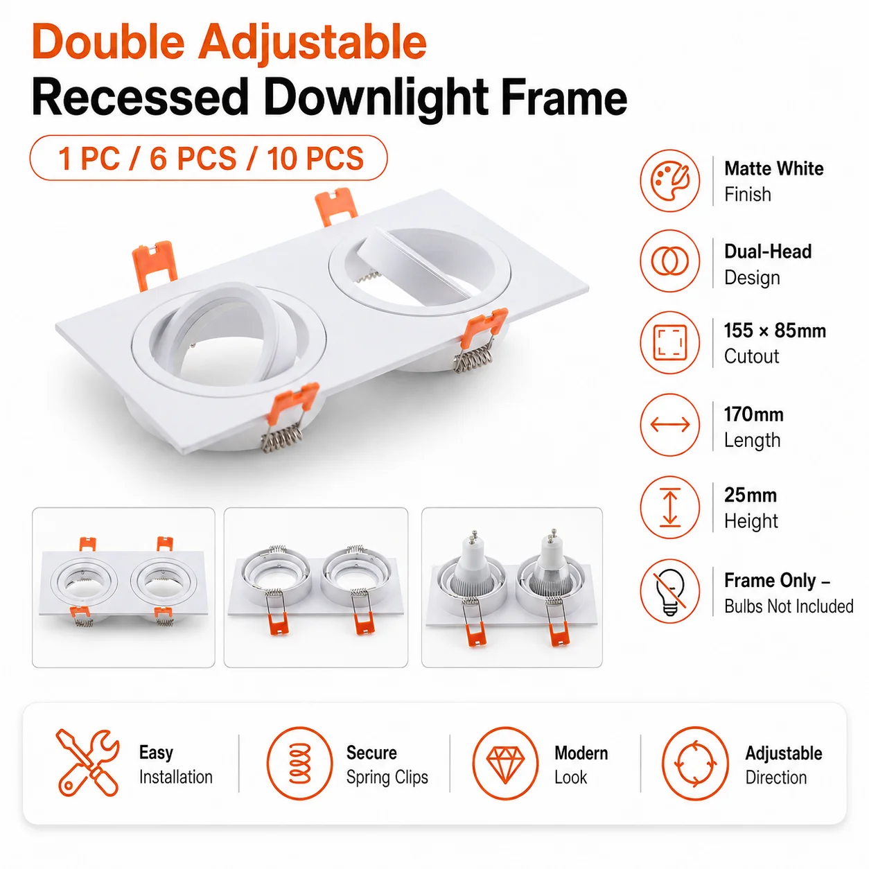 JOYINLED 1/6/10PCS Double Head Square White Recessed Downlight Lamp Frame LED Ceiling Fixture GU10 MR16 Spotlight Lighting