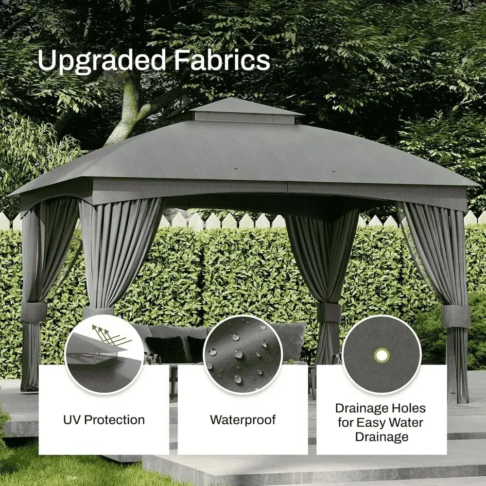 Sturdy 11x13Ft Outdoor Patio Pavilion with Galvanized Steel Frame, Double Roof, Curtains, and Netting for Garden, Yard, and Lawn