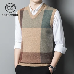 100% Wool Men's V-neck Vest, Warm for Spring and Autumn, Daily Versatile Pullover Vest.Stretchable M-4XL