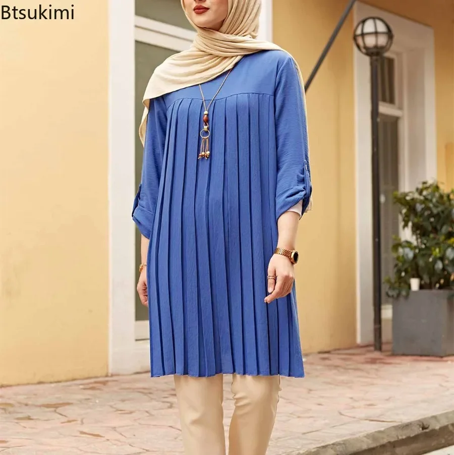 2025 New Muslim Pleated Blouse for Women Fashion Shirt Dress Adjustable Long Sleeve Shirt Tops Many Colors Muslim Fashion Women