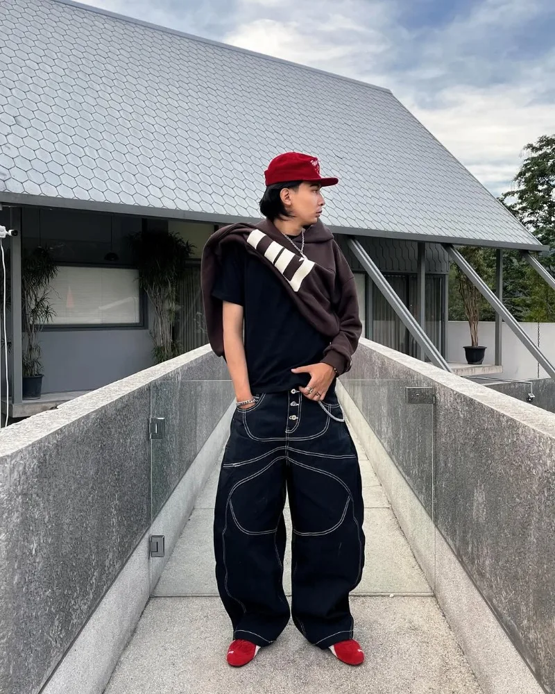 

High street irregular stripe pattern embroidered casual jeans Y2K retro Harajuku men pants Hip-hop Gothic street loose jeans