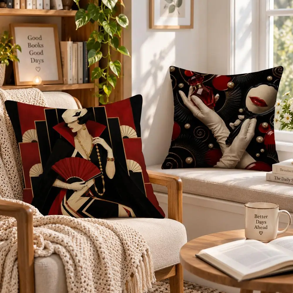 Art Retro V-Vintage Elegant Lady Cushion Cover Soft Short Cover Washable Sofa Bed Dorm Garden Home Office Chair Decor
