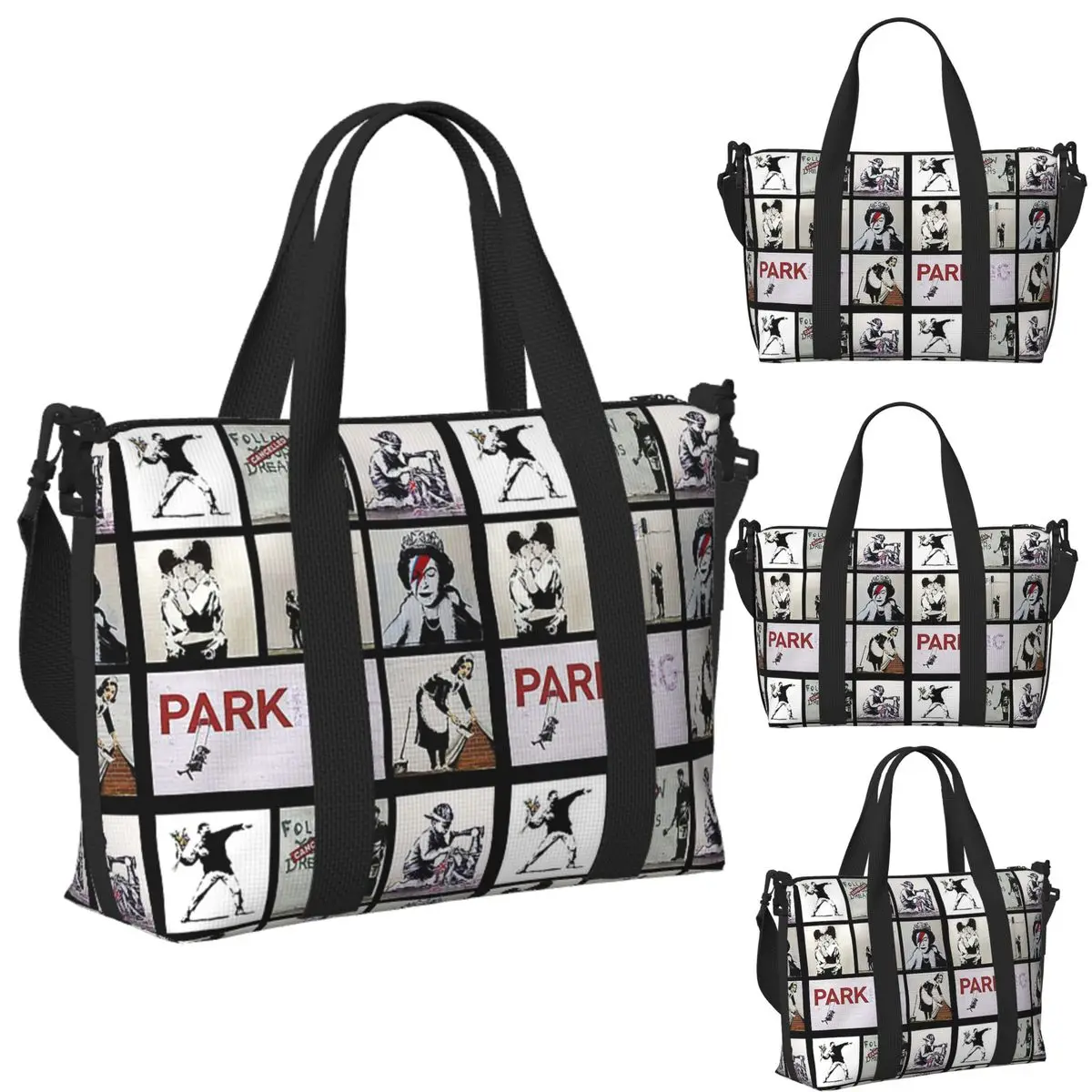 

Пользовательские Бэнкси Монтаж 01, различные произведения искусства Бэнкси, пляжная дорожная сумка, сумки-тоут для тренажерного зала, йоги, женская дорожная сумка для покупок