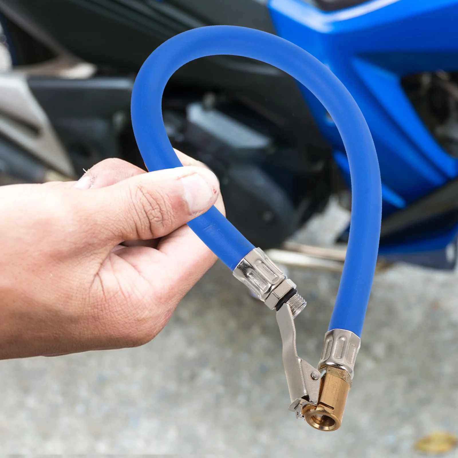 

Tire Inflator Hose Blue Self-Locking Air Chuck Rubber Tube For Car Truck Valve Copper Locking Pressure Gauge