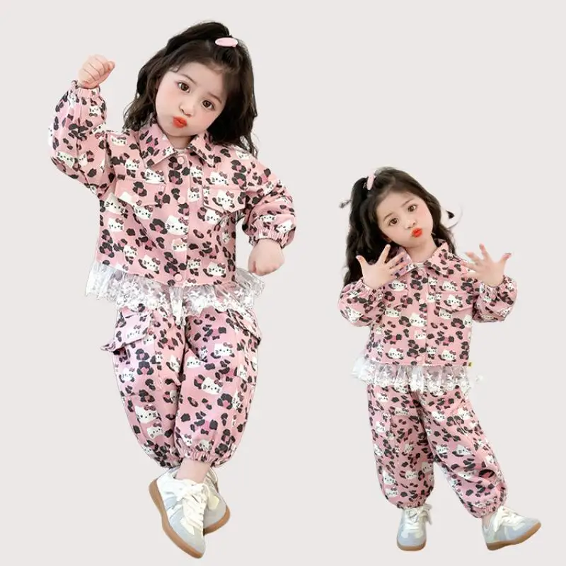 

Anime Cartoon Sanrio Girls' Autumn Coat Hello Kitty New Kawaii Princess Korean Children's Work Pants Student Soft Sweet Sets