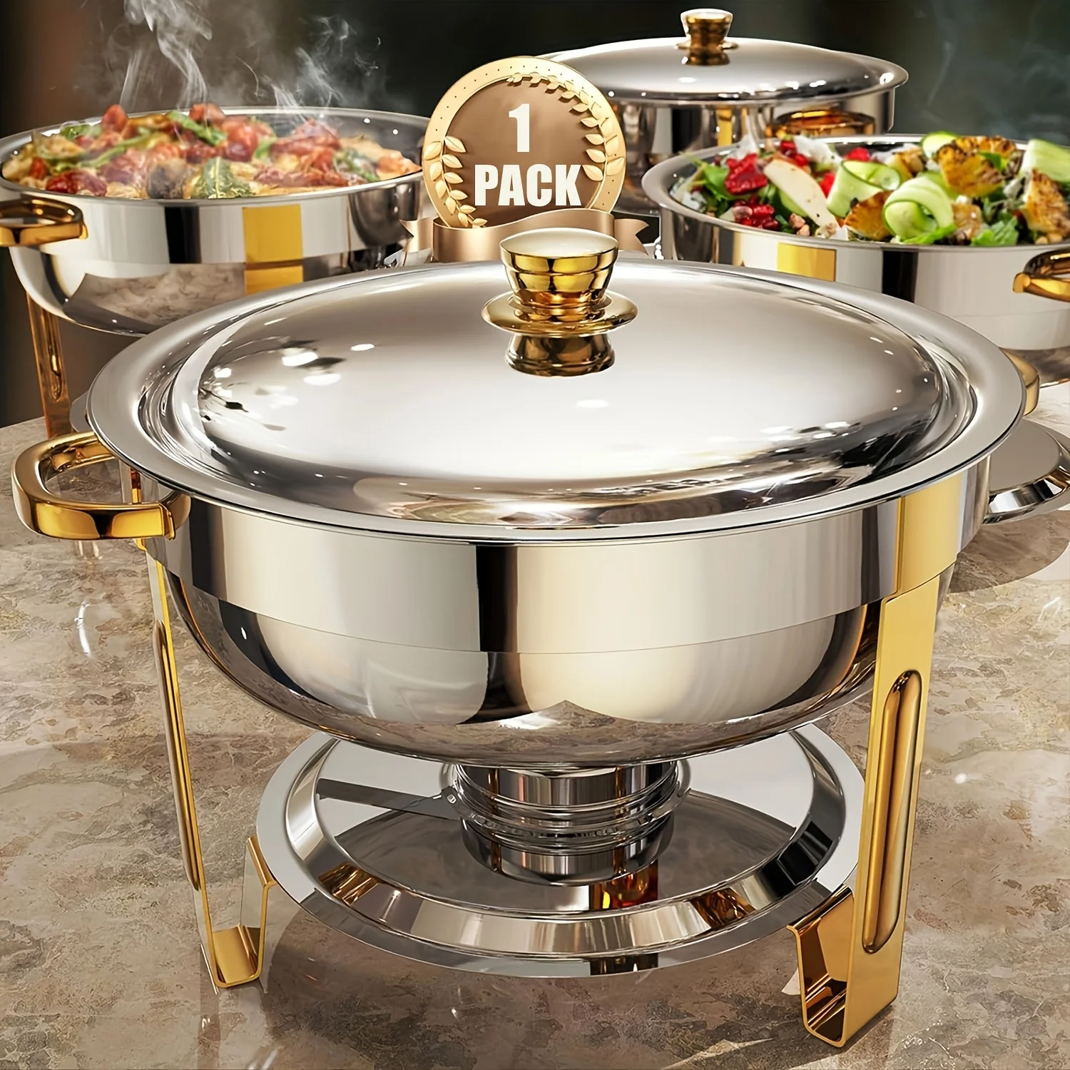 Circular stainless steel buffet stove with gold-plated insulation, commercial small round stove set, restaurant breakfast stove