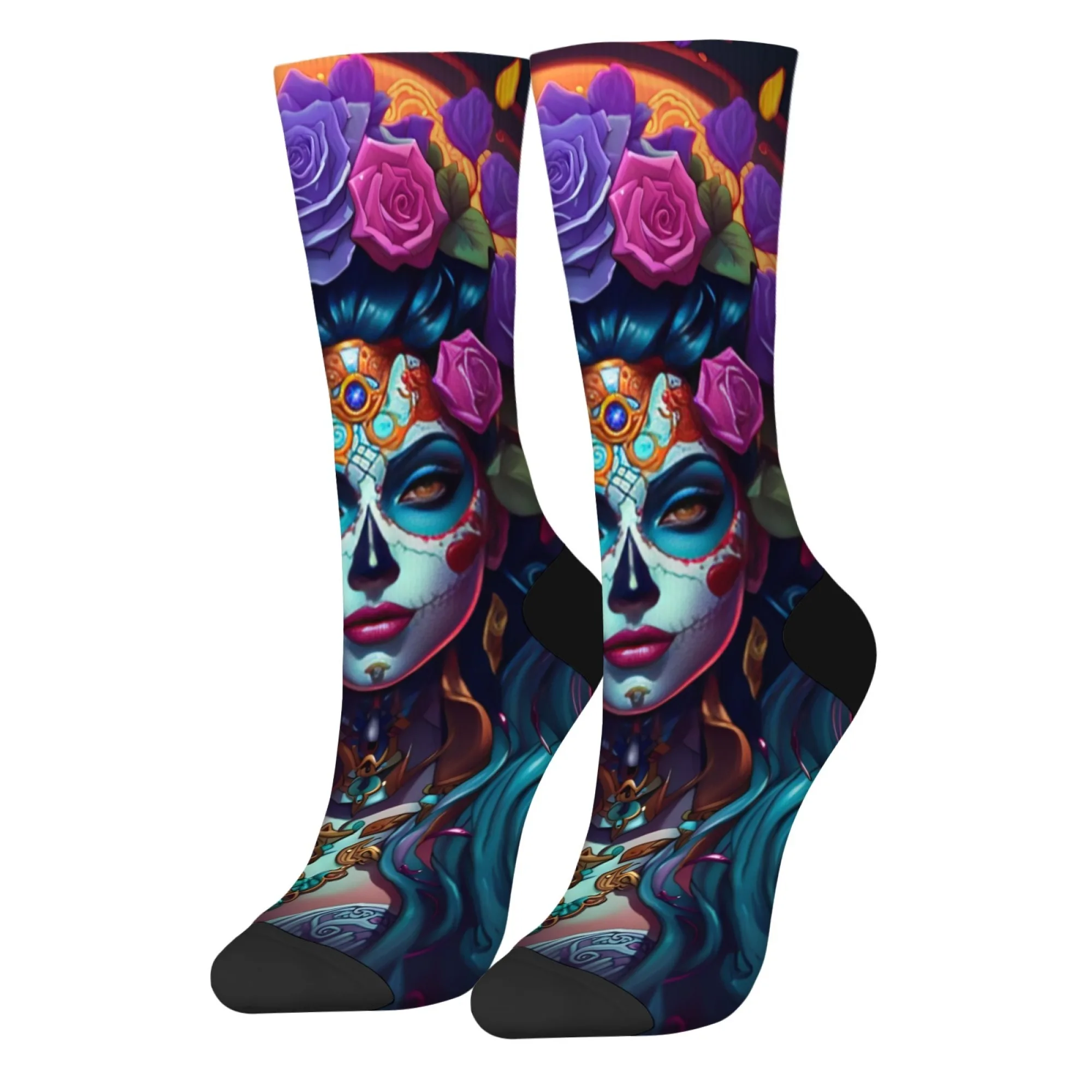 Day of The Dead Style Female Image Crew Socks with Sugar Skull Makeup & Rose Decoration Festive Cultural Celebrations Gift