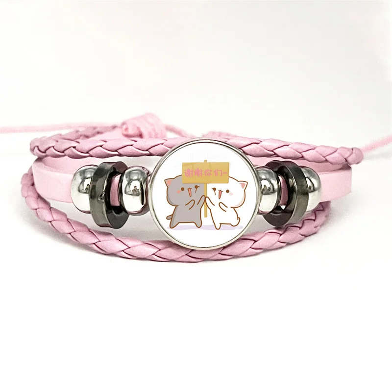 Pulsera de cuero rojo para pareja, brazalete multicapa con botón de cabujón de cristal, bonito gato Mitao rosa, regalo