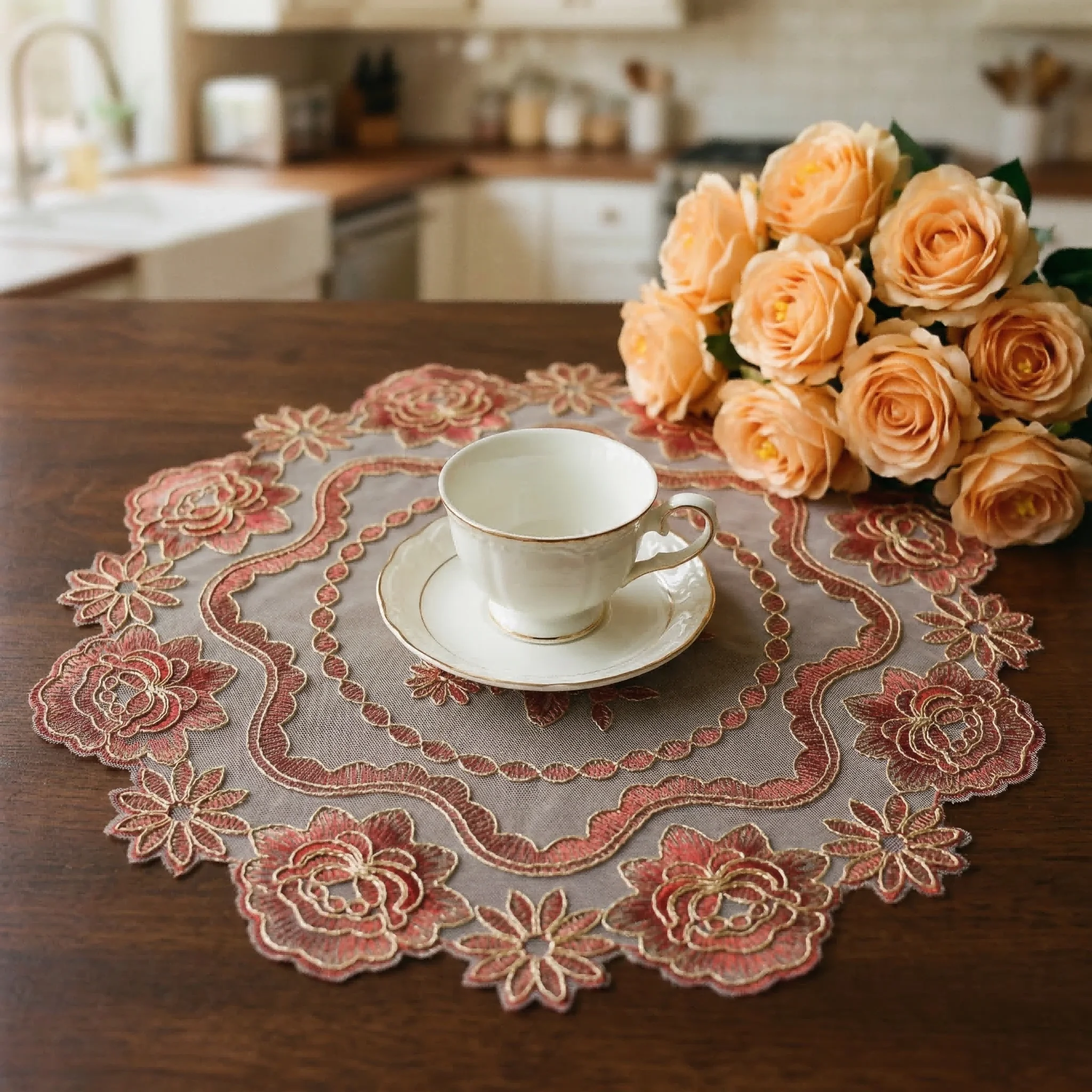 Luxury Red Lace Jacquard Dinner Placemats Set 4pcs Decorative Pink Embroidered Table Mats Cloth Tableware Mat Wedding Decor - view 2