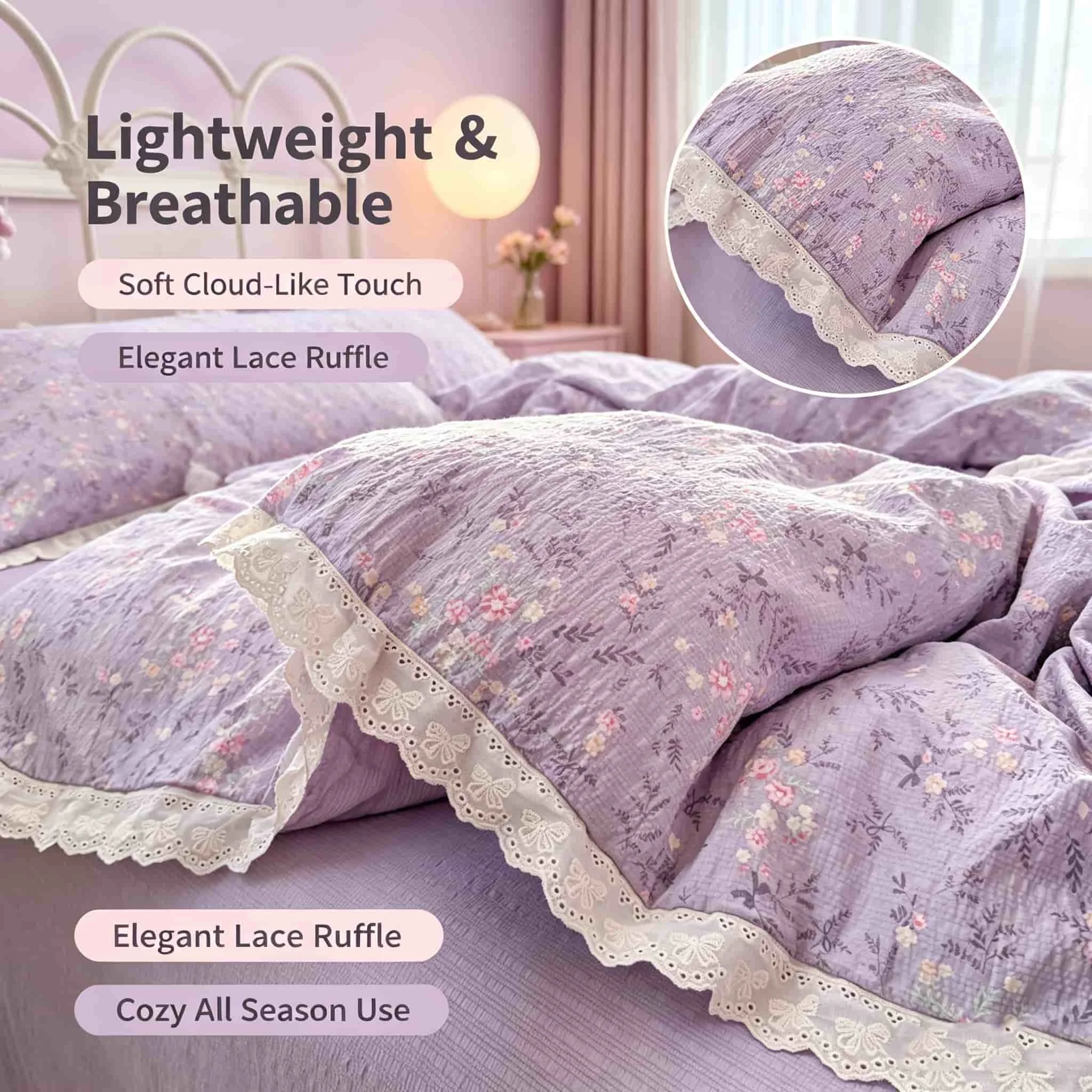 Aesthetic Cottagecore Bedding Set, Purple Floral Lace Duvet Cover, Bedding Sets and Components, Soft Comforter Sets Teen Girls