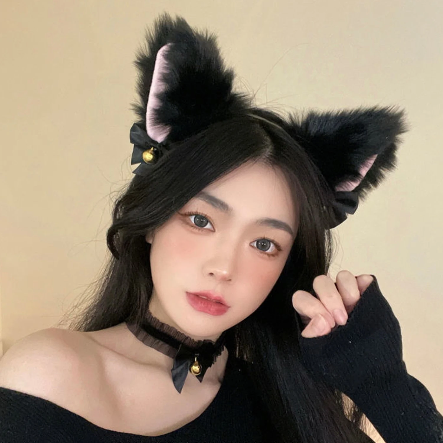 Black Cat Ear Headband with Necklace Girl Plush Furry Cat Ear Hair Band for Girl Women Adult Cosplay Party Fancy Dress Halloween