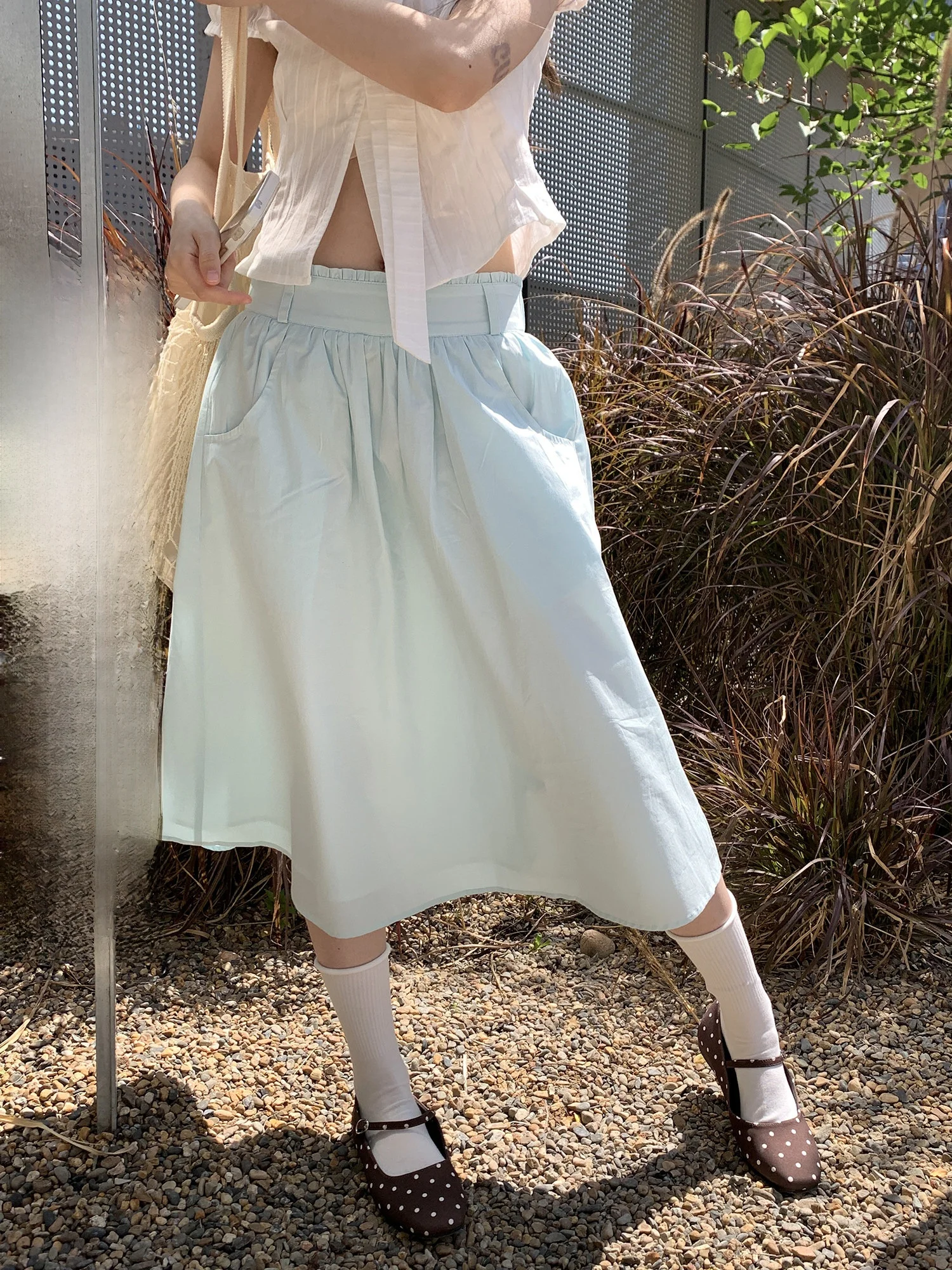 

High Waist A-Line Skirt Salt Blue Lace Trim Hiding Hip Large Swing Slimming Effect Half Body Skirt Cotton Material