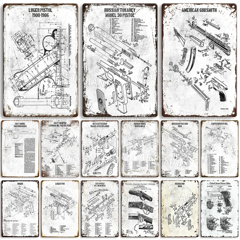 Patent Metal Plaque Nambu Pistol Walther P38 Colt Machine Gun MP40 Luger Pistol Lahti Remington1858 Contender Pistol Lee-Enfield