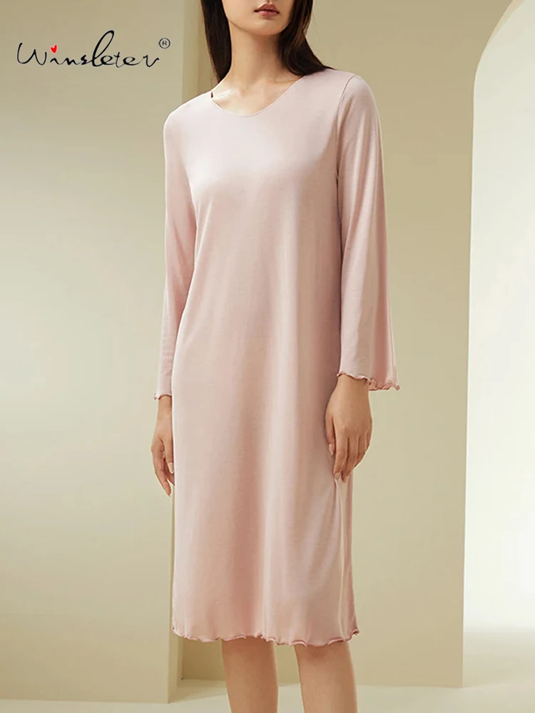 Winsleter,Long Sleeves Solid Simple Comfortable Soft Women,6A 100%Mulberry Silk Pajama Dress,Nightdress,2024 Spring P41895QD