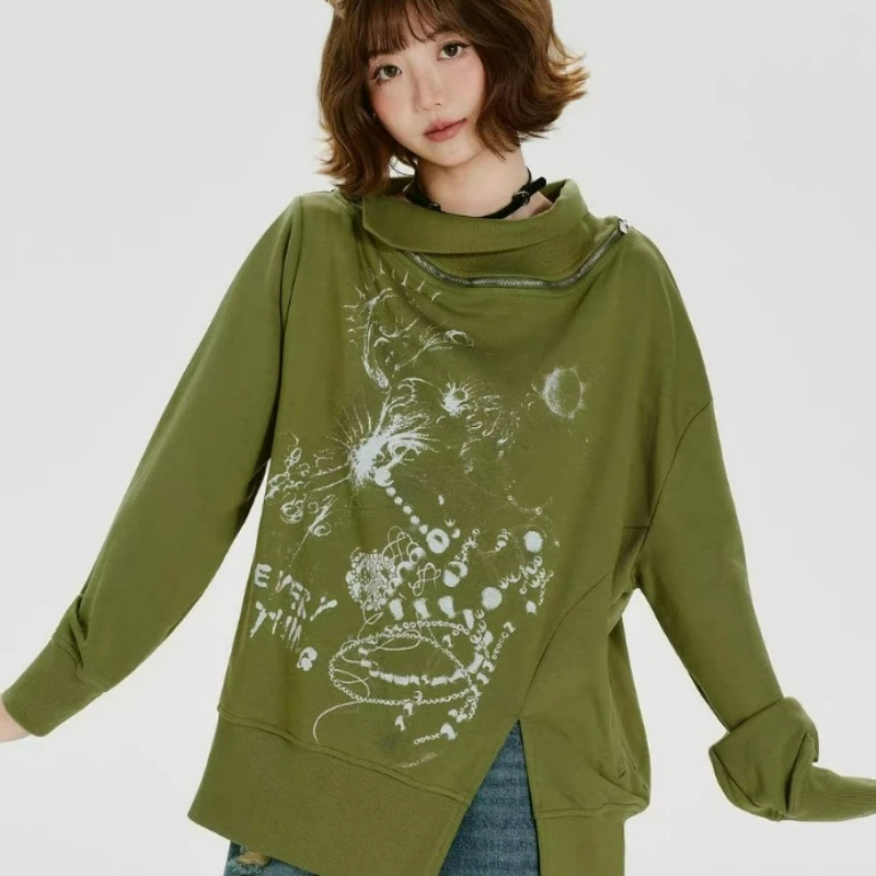 Spring/Autumn New Style Fashionable Loose Versatile Top American Retro Printed Zipper Design Long-sleeved Sweatshirt for Women