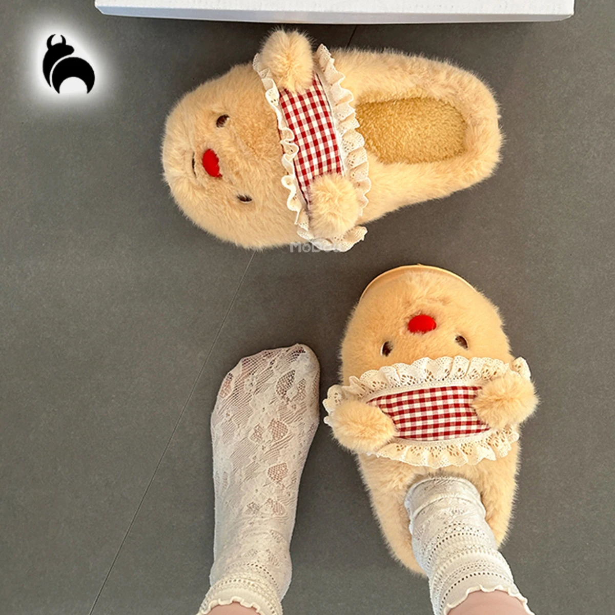 

Cartoon Plaid Bear Furry Slippers for Women, Suitable for Outdoor Wear, 2025 Autumn and Winter New Style, Fluffy Women's Cotton Slippers, Closed-Toe Slippers