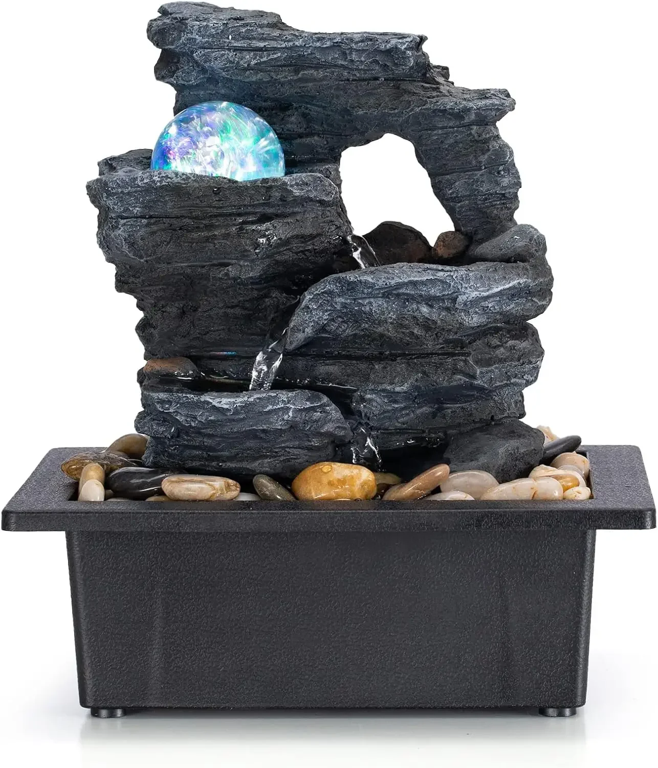 

Rock Waterfall Table Fountain with LED Lights & Rolling Ball, 9x7x10in, Natural River Rocks