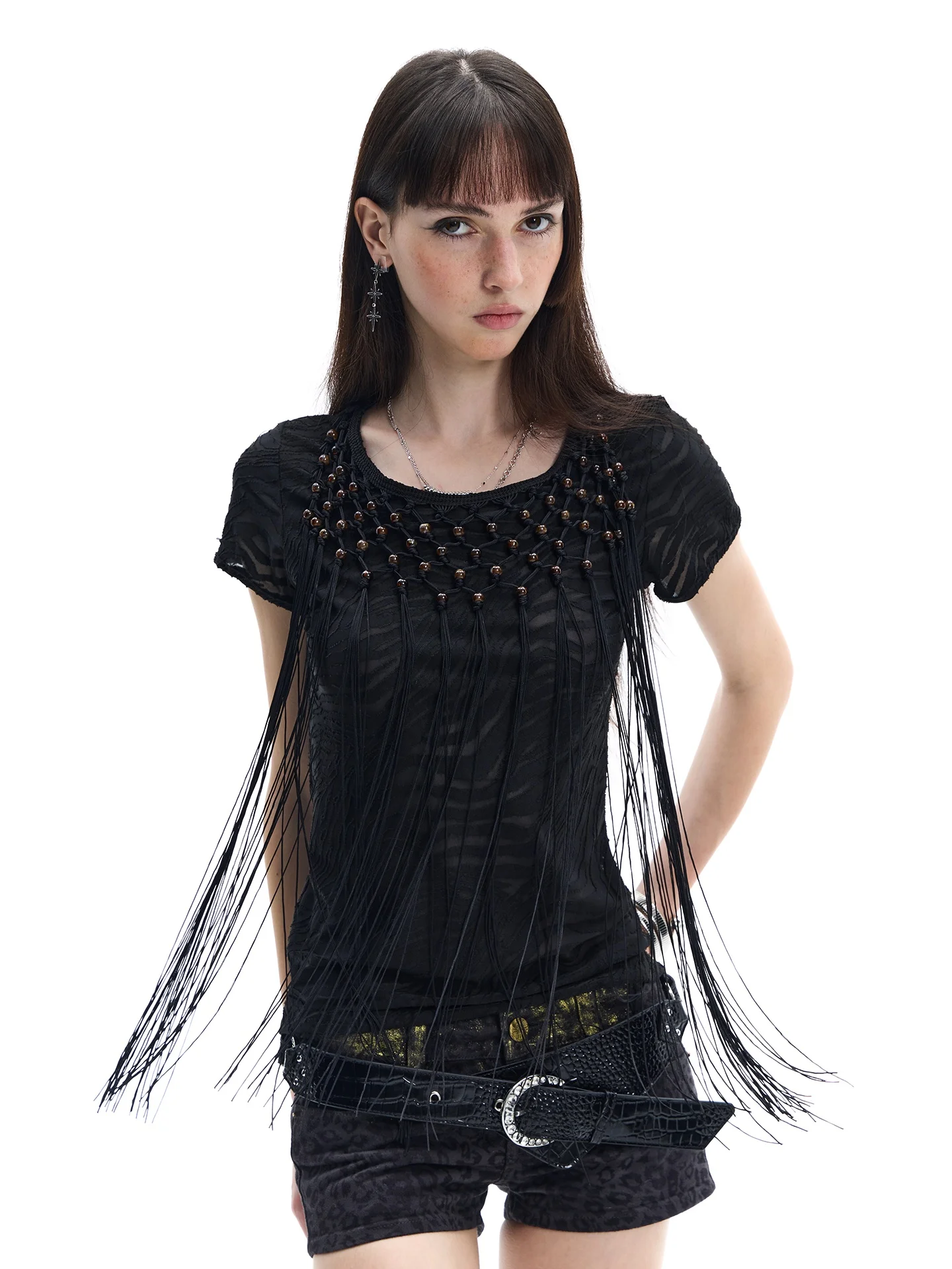 Punk Style T-Shirt Hollow out Waist-Cinching Beaded Sexy Girl Top for City Walk Party Travel Stage Home Use Summer Short Slee...