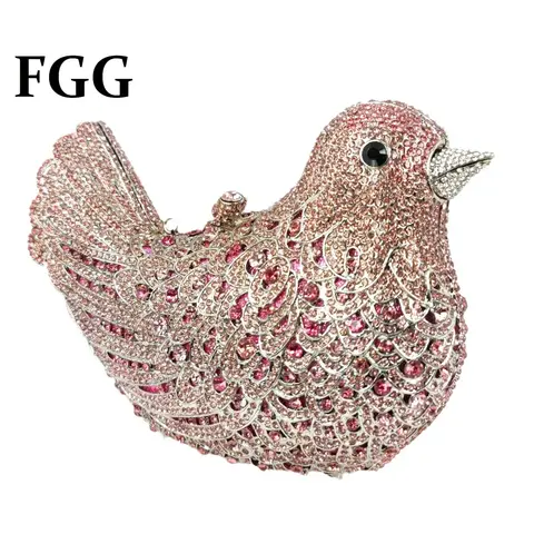 Boutique De FGG Pink Bird Evening Bag and Clutches for Formal Party Dinner Pigeon Rhinestone Handbag Bridal Wedding Clutch Purse