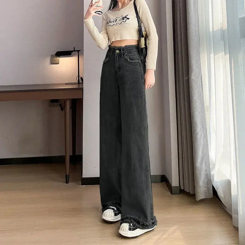 Pantaloni in denim a gamba larga Jeans dritti da donna Tasche lavate invecchiate a vita alta Pantaloni lunghi fino al pavimento vintage 2025 Streetwear