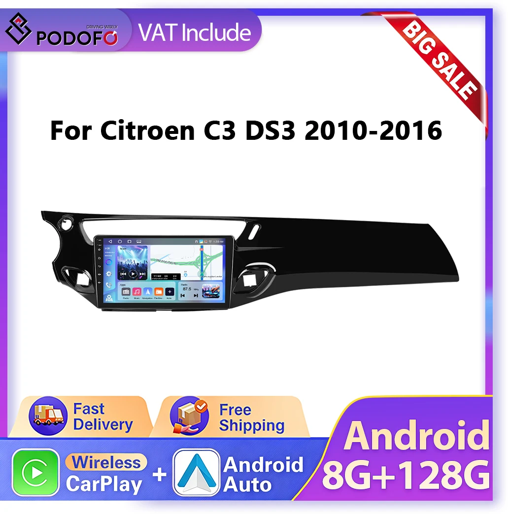 Podofo 8G+128G Autoradio CarPlay 9" 2DIN Lettore Multimediale Android per Citroen C3 MK2SC 2009-2016 Stereo Intelligente GPS 4G WIFI FM RDS Ricevitore BT 360 ° CAM