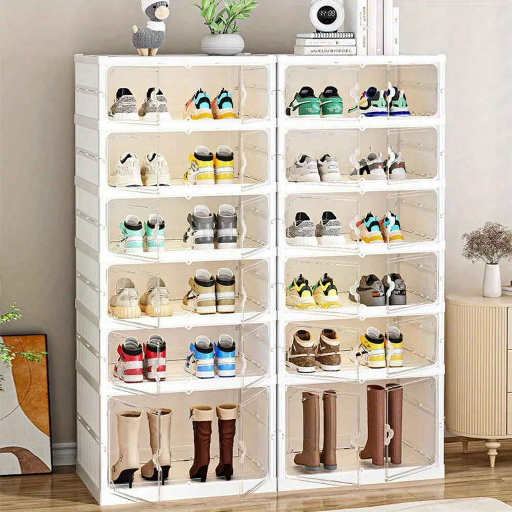 Foldable Shoe Rack Organizer For Closet 12Pairs Plastic Shoe Shelf Collapsible Shoes Storage Box Clear Shoe Boxes Stackable