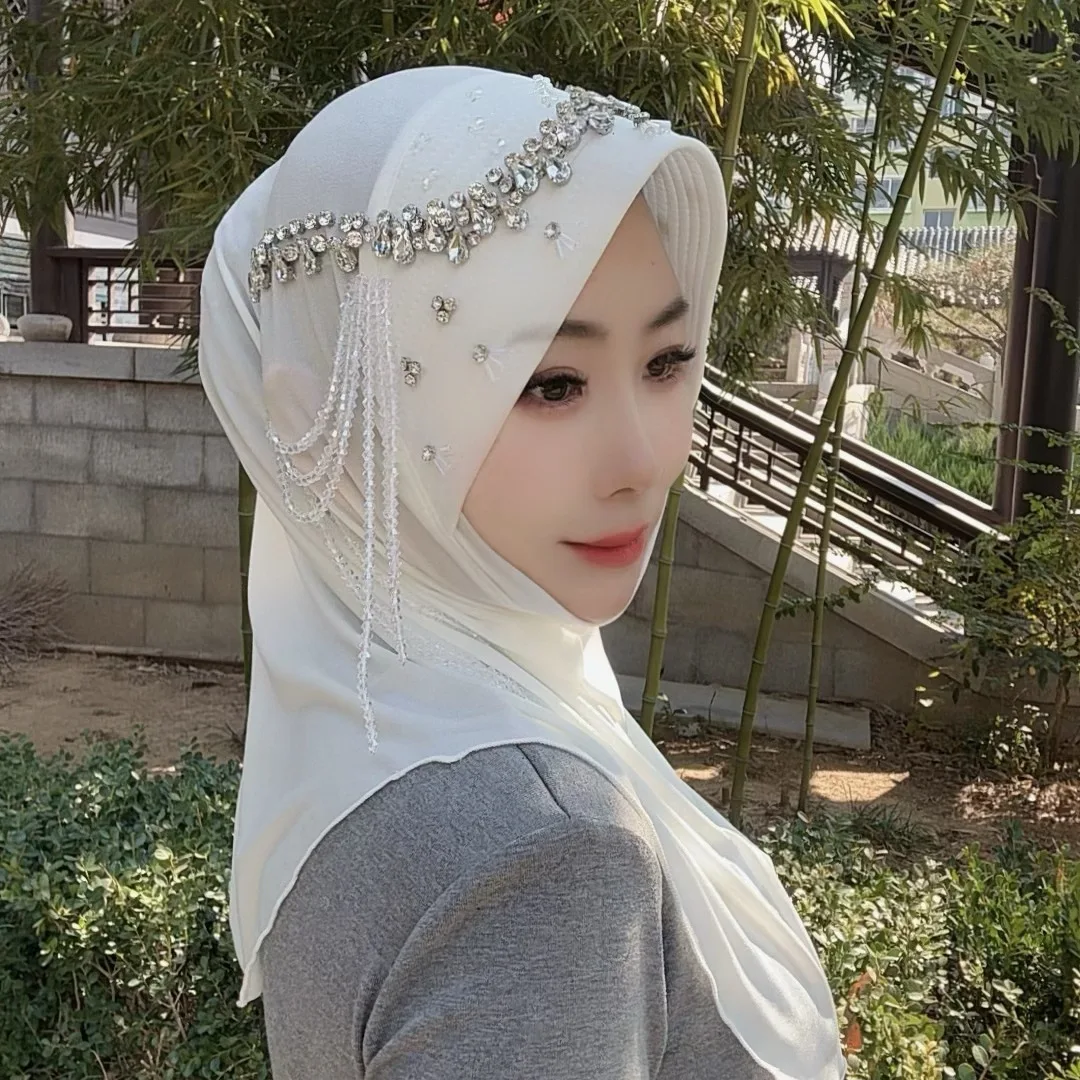 

Мусульманский платок из шифоновой губки со звездами и мягкими полями, легкий пуловер, чехол для шарфа, роскошная версия с кисточками из стразов