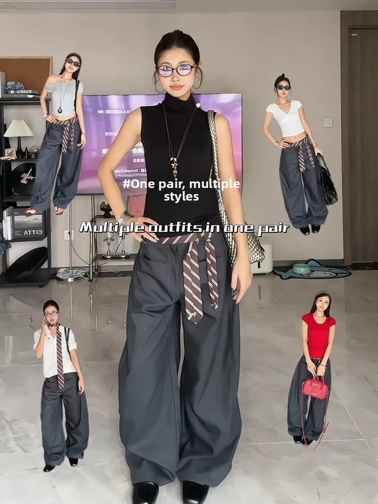 

Ele Bla с галстуком-бабочкой, широкие брюки прямого кроя, повседневные брюки, свободные удобные брюки с ножом на раннюю осень