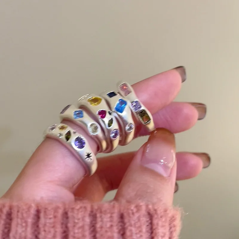 Natural Stone Colorful Zircon Ring Irregular Geometric Heart Opal Jewelry for Women Girls Y2K Finger Ring Wedding Party Gift