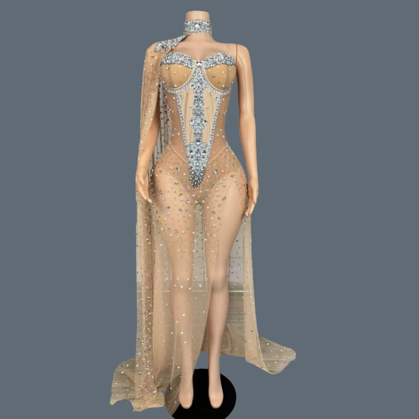

Women Sexy Rhinestone Mesh Cloak Long Tail Spandex Bodysuit Dance Stage Costumes gig Performance Outfit Party Bodysuit Youmeng