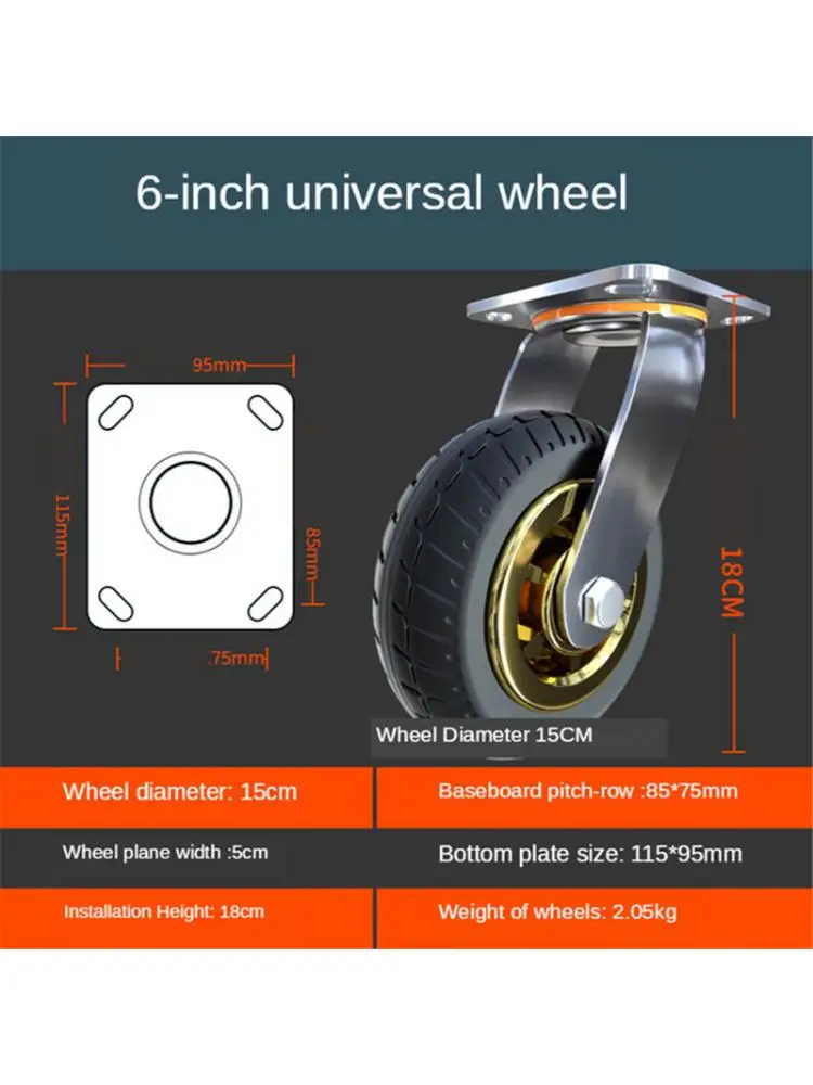 1 Pcs 6-Inch Universal Wheel Heavy Duty Caster Mute Rubber Flat Trolley Shock Absorption With Brake