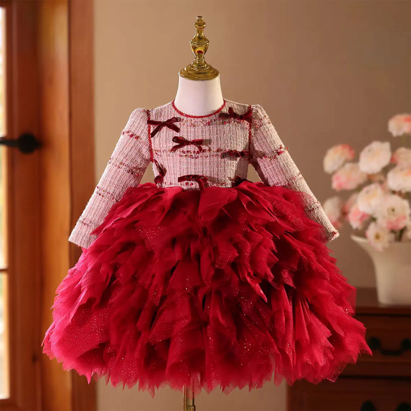 Jill Wish J833 Luxury Burgundy Girl Dress Long Sleeve Bow Knee Length for Children Wedding Birthday Party Pageant Ball Gown