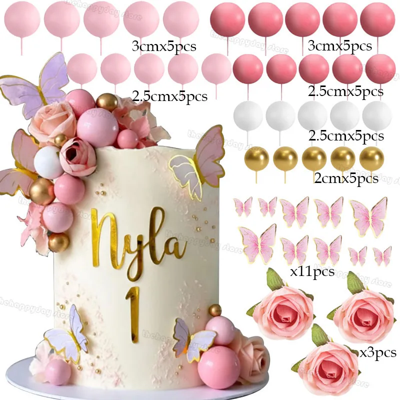 44Pcs Rose Flower Butterfly Cake Decorations Pink Balls Cake Toppers for Girls 1st Fairy Birthday Baby Shower Wedding Cake Decor view 3