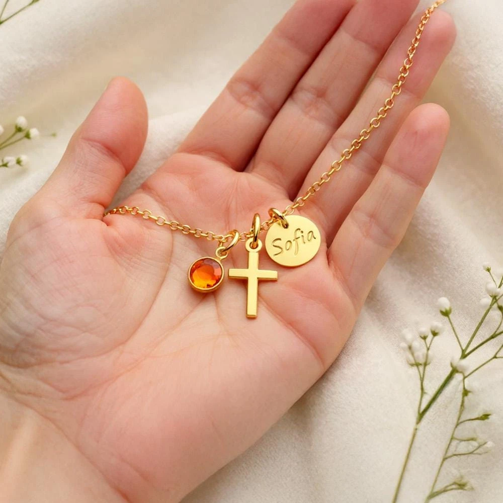 

Custom Birthstone Cross Necklace Stainless Steel Jewelry Geometric Round Name Necklaces Woman Personalized Gifts